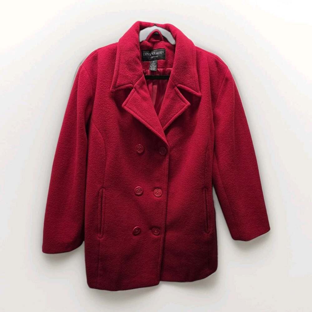 Centigrade Pea Coat Red 100% Wool Pockets Double Breasted Plus Size 1X Vintage